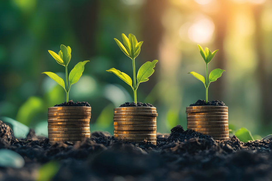 Drei Münzstapel wachsen aus der Erde mit junger Pflanze 