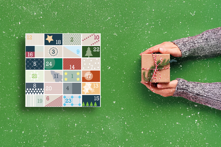 Adventskalender und Hände, die ein Geschenk halten