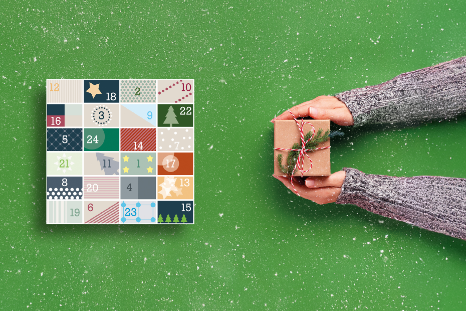 Adventskalender und Hände, die ein Geschenk halten
