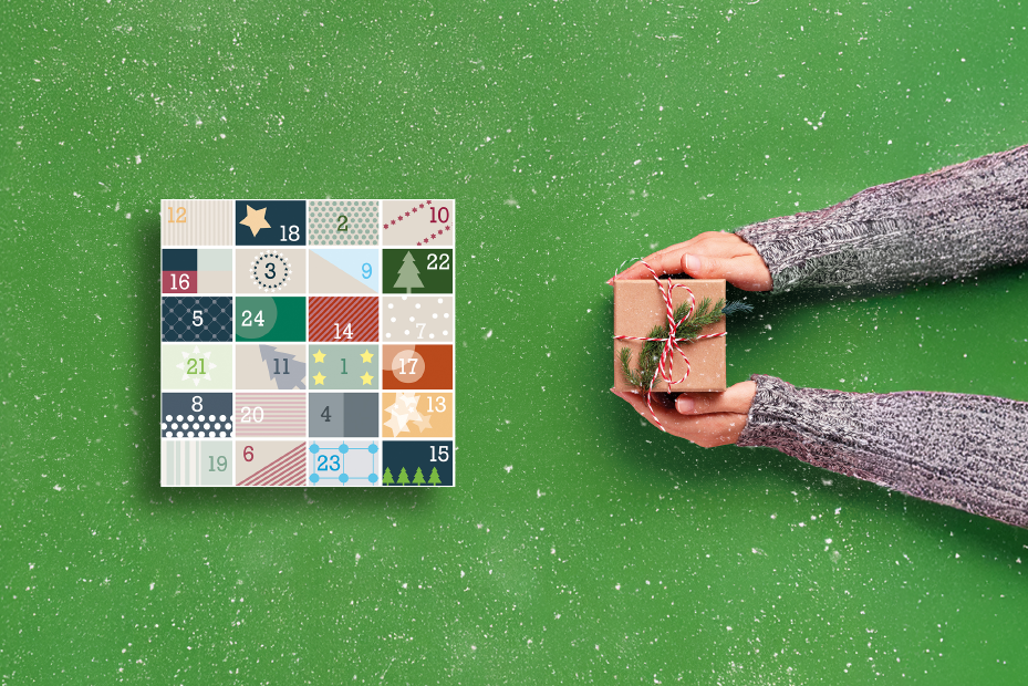 Adventskalender und Hände, die ein Geschenk halten