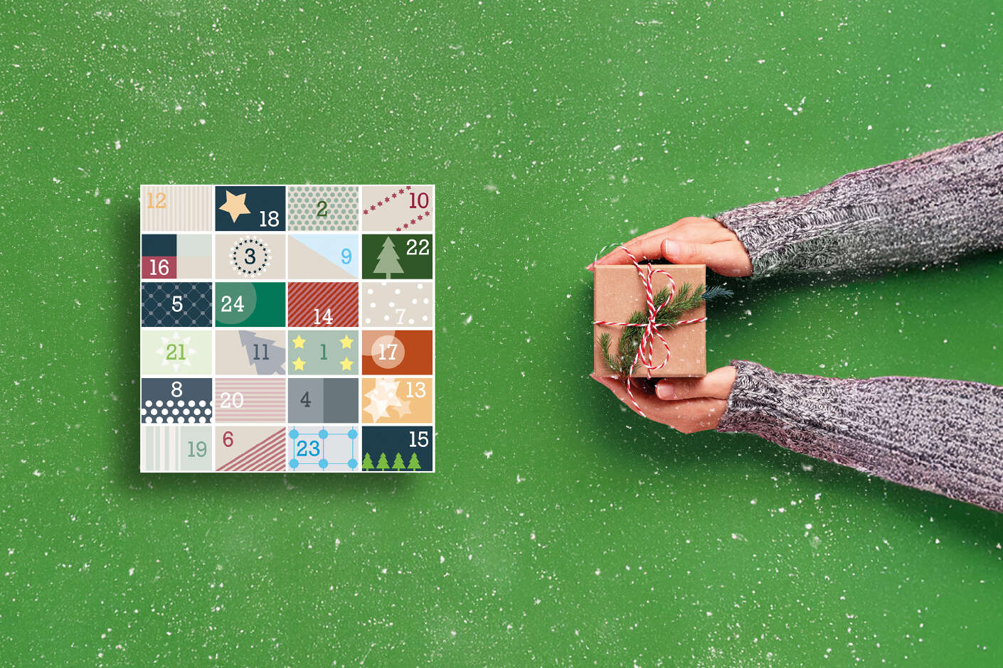 Adventskalender und Hände, die ein Geschenk halten
