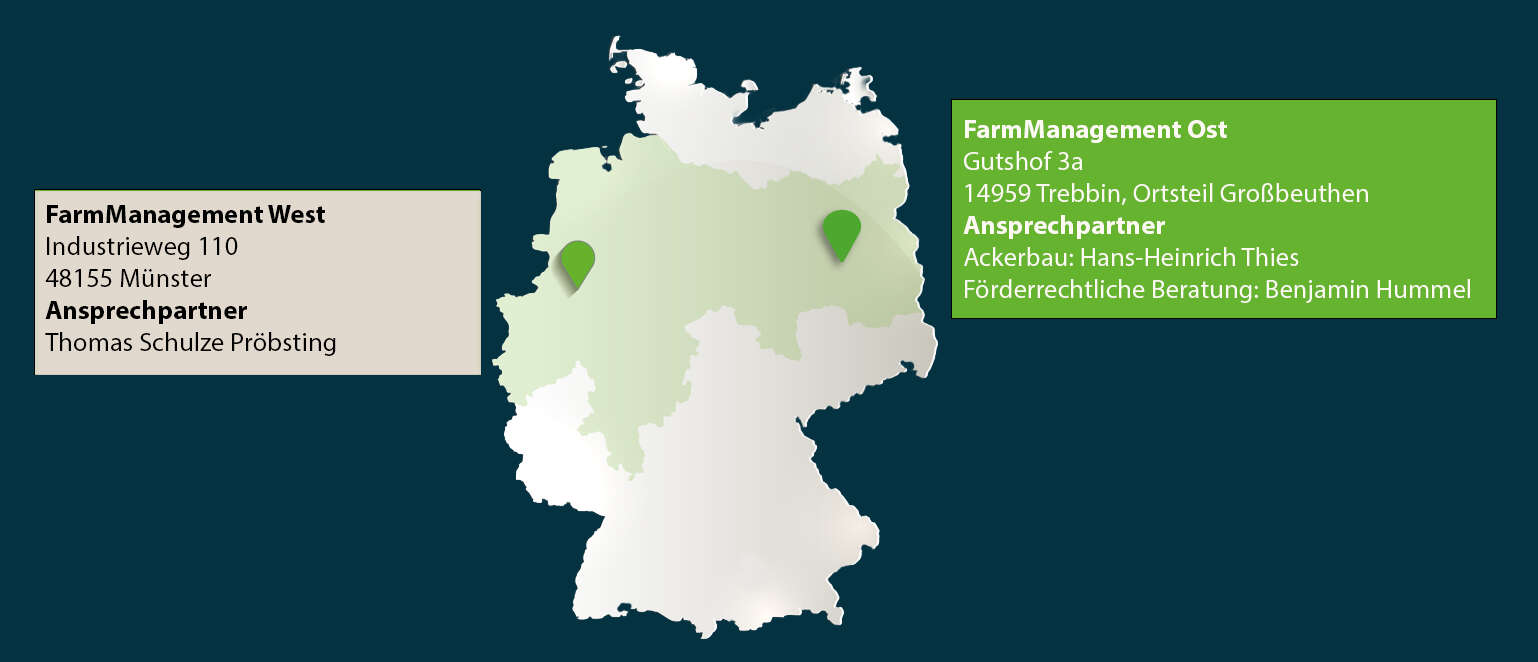 Eine Deutschlandkarte mit dem markierten Gebiet fürs FarmManagement plus Kontakte.
