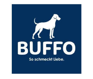 einfach gezeichneter stehender weißer Hund mit weissem BUFFO Schriftzug auf blauem Grund