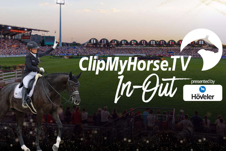 ClipMyHorse In-Out-Show Banner mit Sponsor Höveler vor einem Reitstadion in Abendstimmung