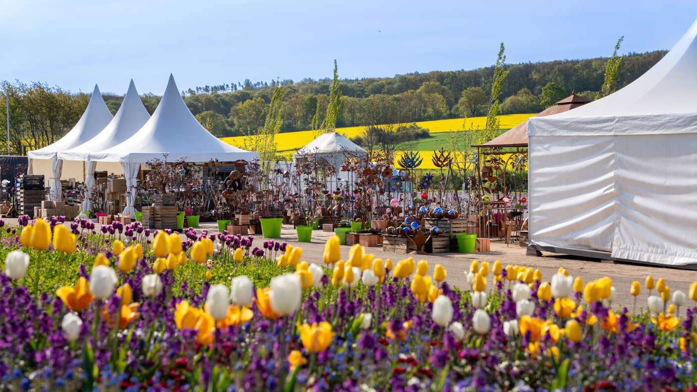 Gartenmarkt mit Blütenbeeten, Verkaufsständen und Zelten in ländlicher Umgebung