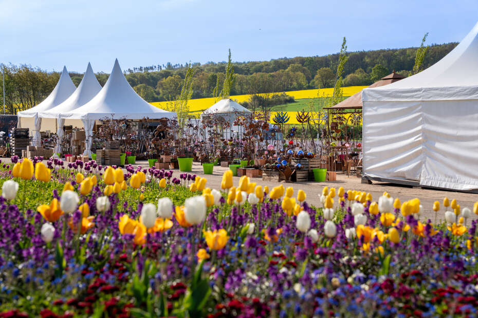 Gartenmarkt mit Blütenbeeten, Verkaufsständen und Zelten in ländlicher Umgebung
