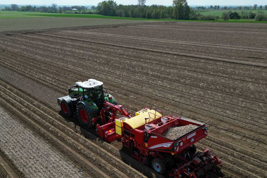 Grimme-Schlepper mit Anhänger auf einem Kartoffelfeld