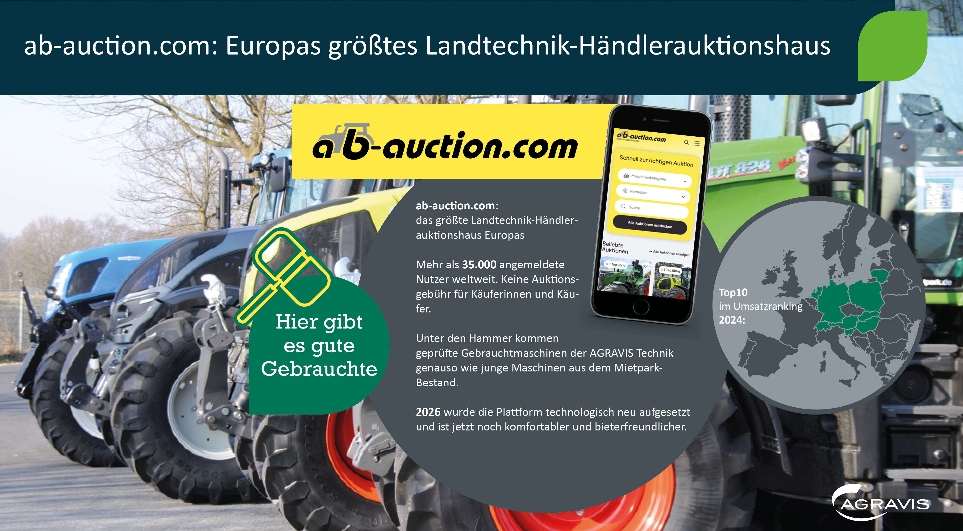 Fendt und weitere Traktoren vor einer ab-auction.com-Grafik mit Smartphone und Europakarte