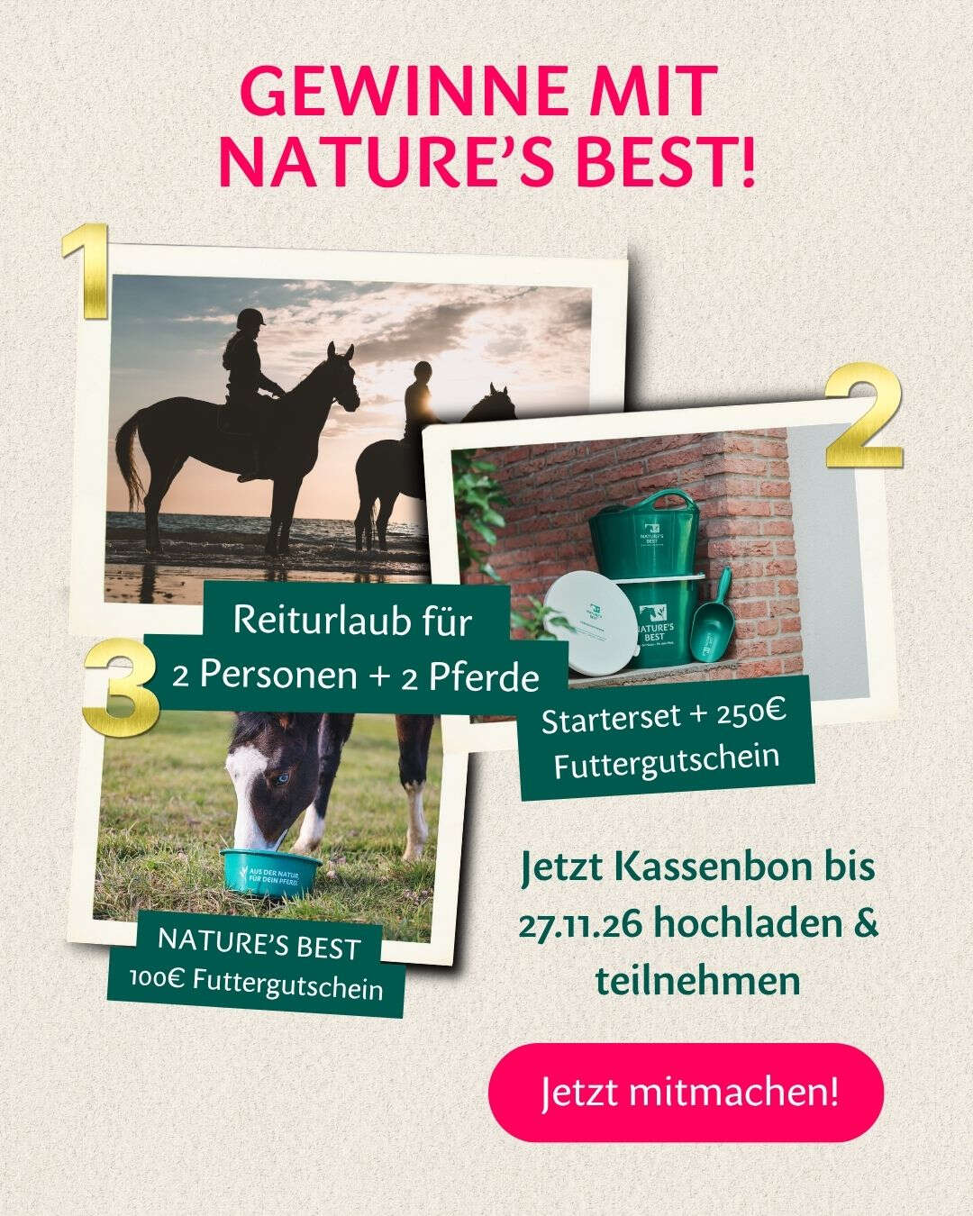 Nature's Best Kassenbonaktion 2026 | Reiterurlaub, Futtergutscheine und Startersets gewinnen